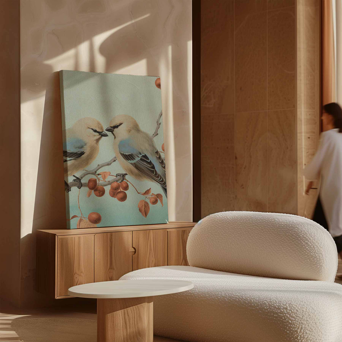 Twee Vogels op een Tak – canvas wanddecoratie in portret formaat