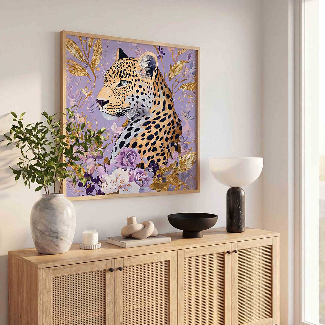 Luipaard met bloemen – dierenillustratie als vierkante poster