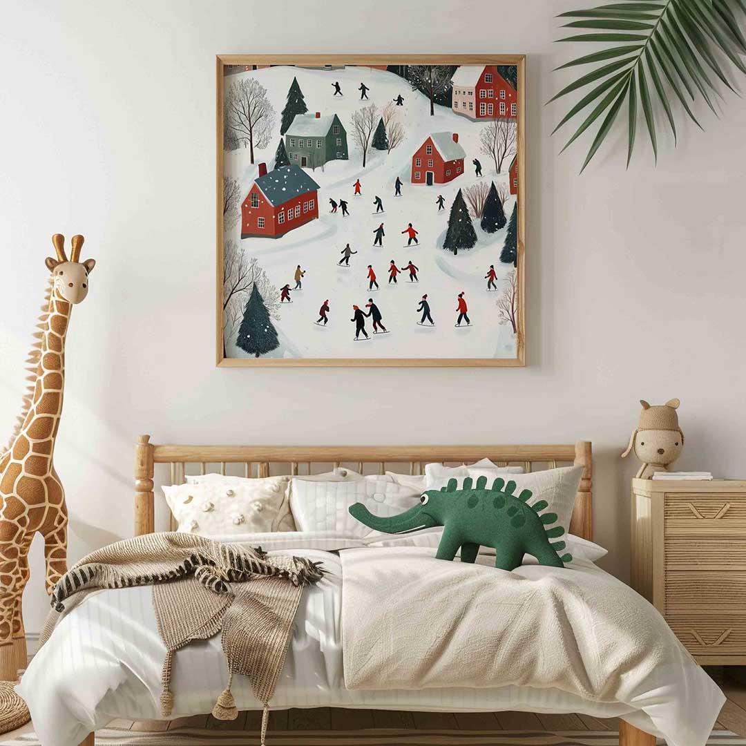 Schaatsers in winterlandschap – vierkante kinderkamer wanddecoratie van WallArtistic