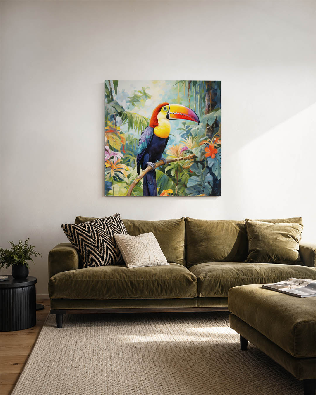 Vrolijke toekan kunstwerk – sfeerbeeld – dit kunstwerk toont een kleurrijke toekan in een weelderige jungle, met levendige