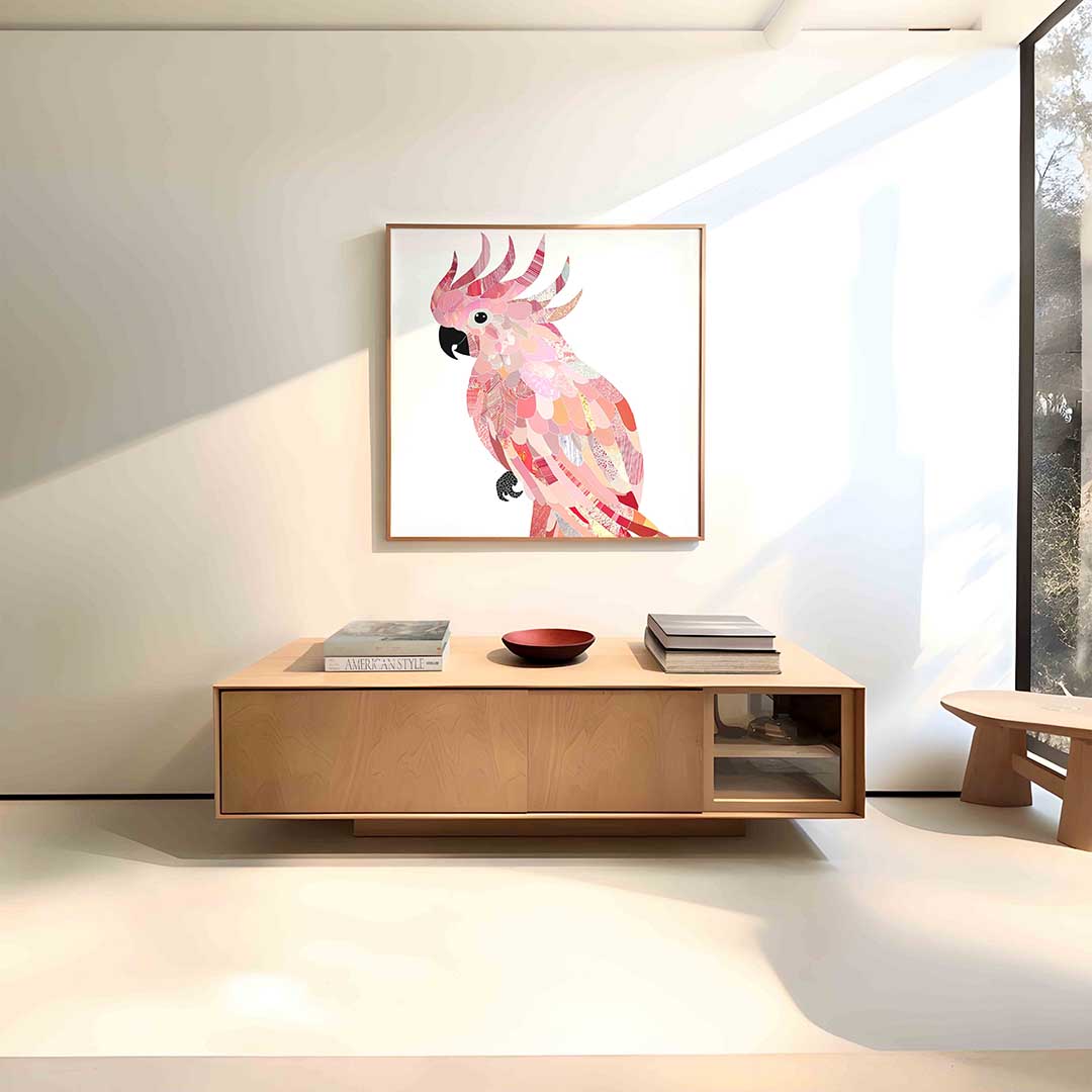 Papegaai in roze tinten – vierkante dieren wanddecoratie van WallArtistic