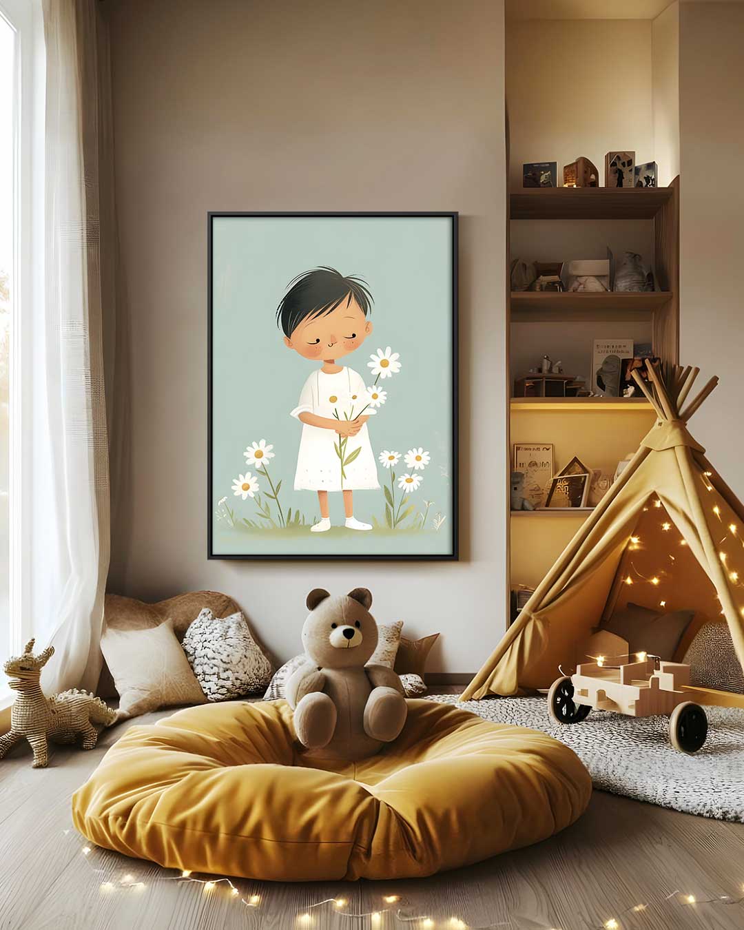 Dromerig Kind met Madeliefjes – staand kunstwerk voor modern interieur