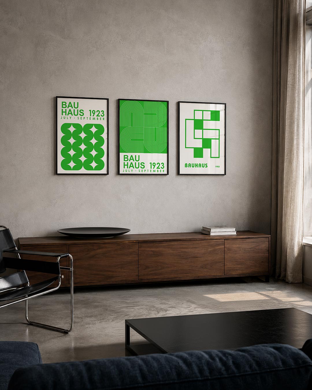 Groene vormenritme driedelige posterset – deze posterset in drie delen toont een levendig spel van groene, halve cirkels die