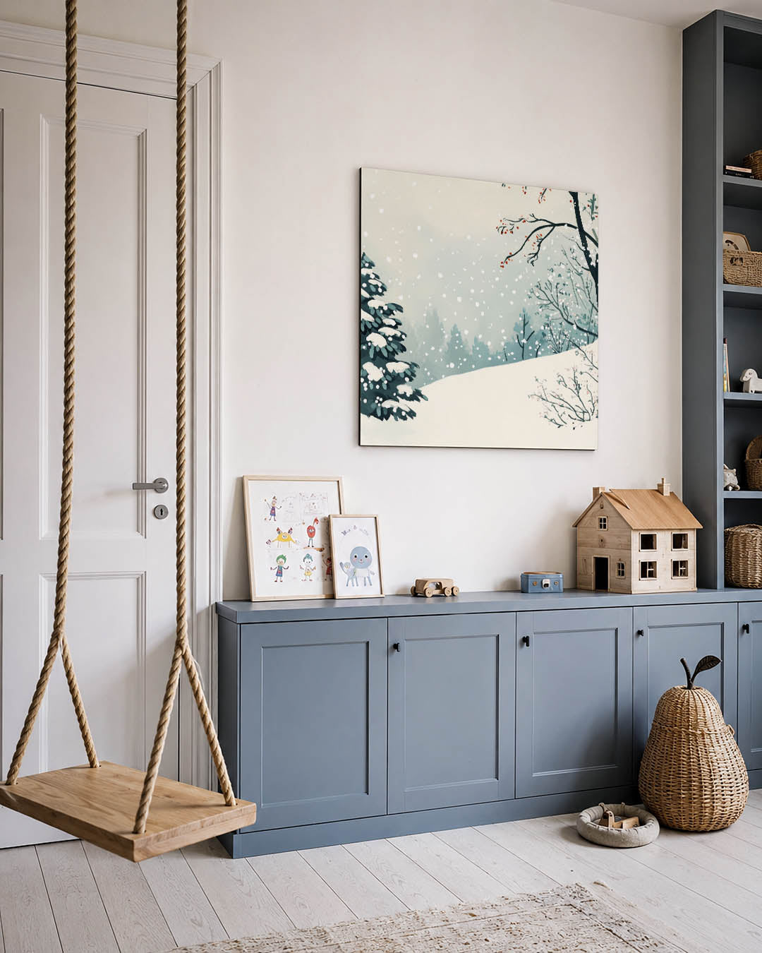 Winterlandschap met sneeuw kunstwerk – vierkante wanddecoratie – dit werk toont een serene winterse scène met besneeuwde