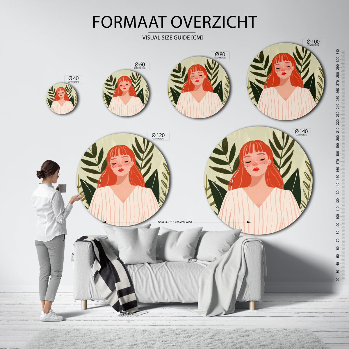 Vrouw met rode haren – abstracte wandkunst met textuur als muurcirkel