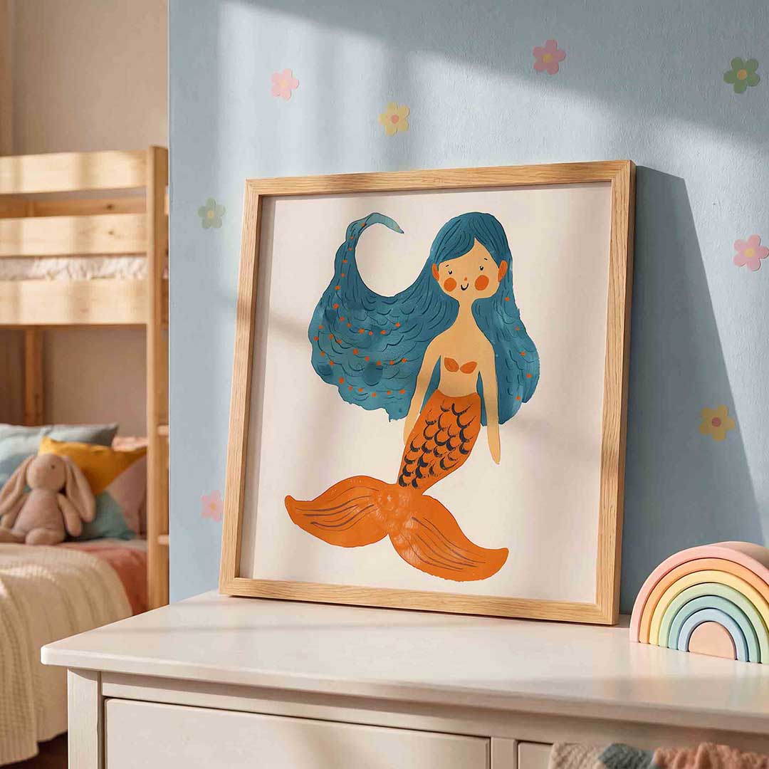Zeemeermin met blauwe haren – speelse wandkunst als vierkante kinderposter
