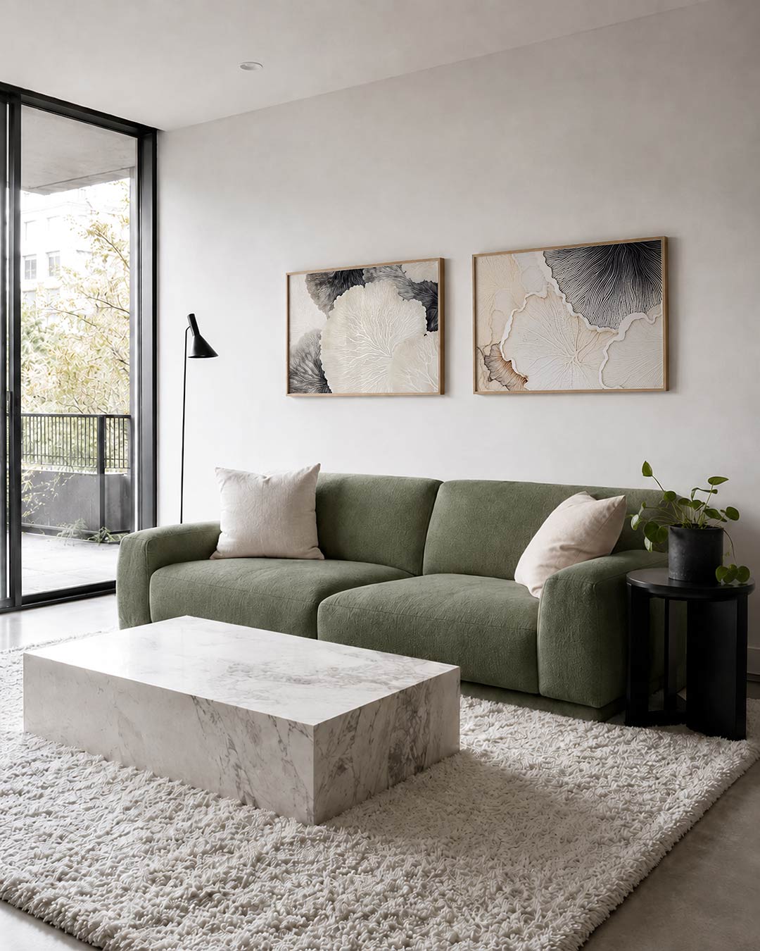 Twee liggende posters met een spel van vloeiende lijnen en zachte tinten, aan de muur in een interieur