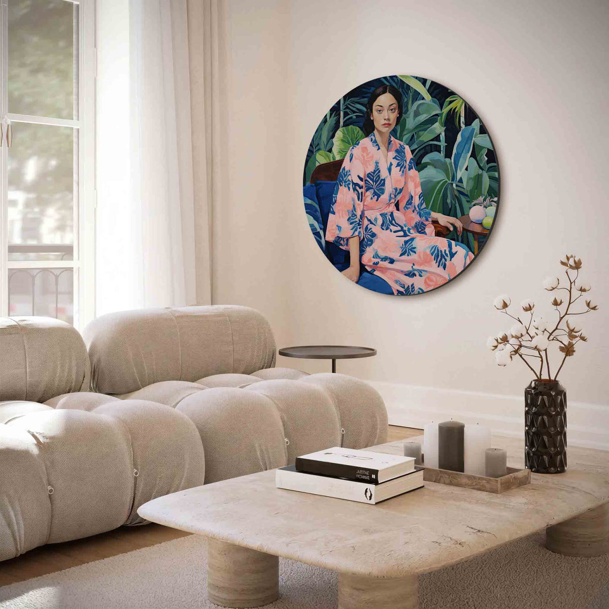 Vrouw in roze kimono – illustratie muurcirkel als ronde muurdecoratie