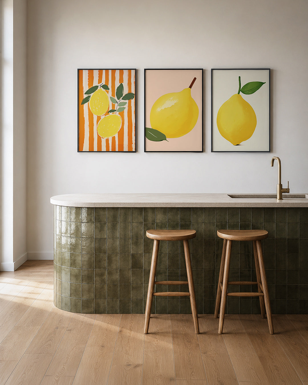 Citrus en strepen – twee citroenen met groene bladeren tegen een achtergrond van oranje en witte – weergave 2