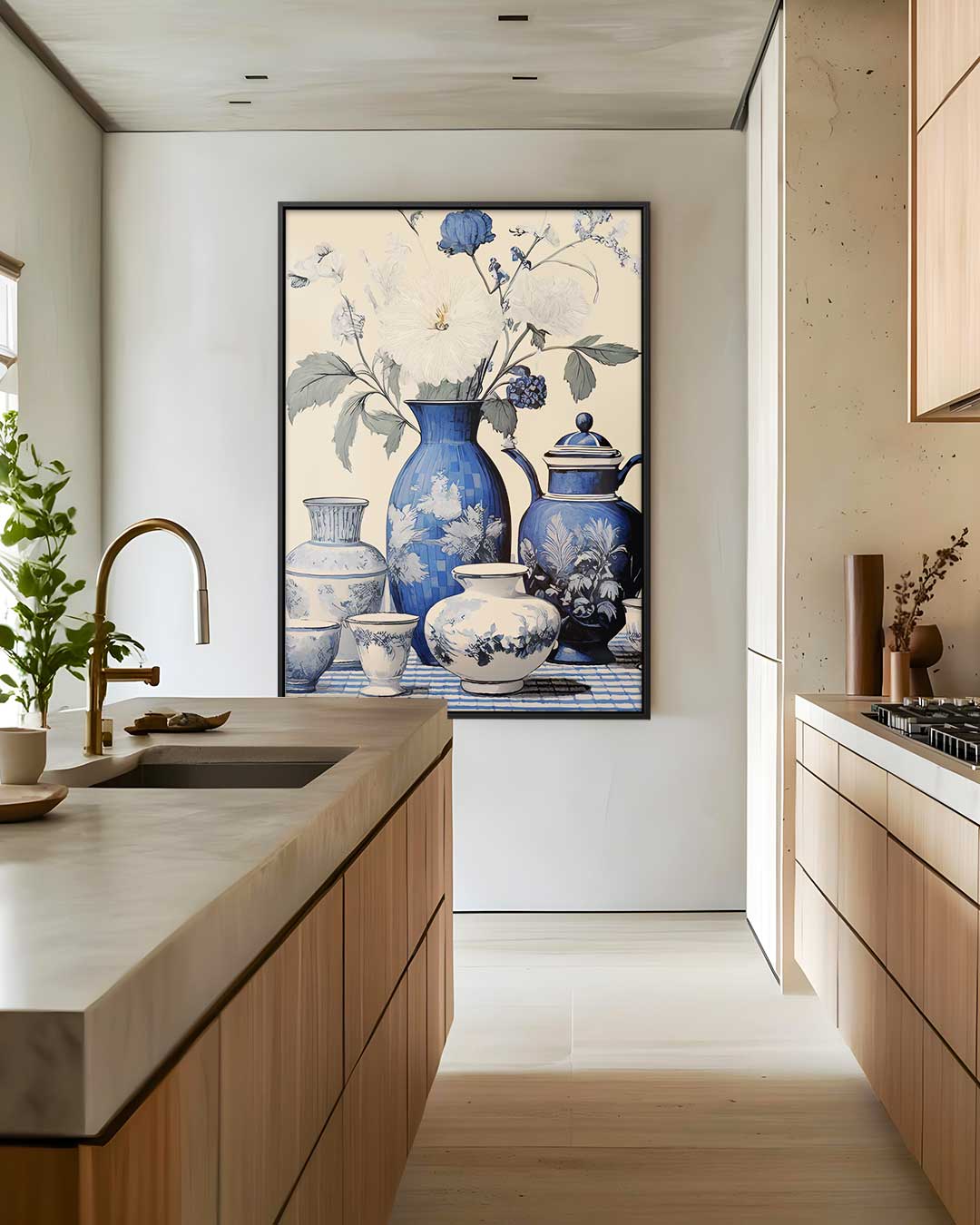 Blauwe Vaas Met Bloemen – staand kunstwerk voor modern interieur