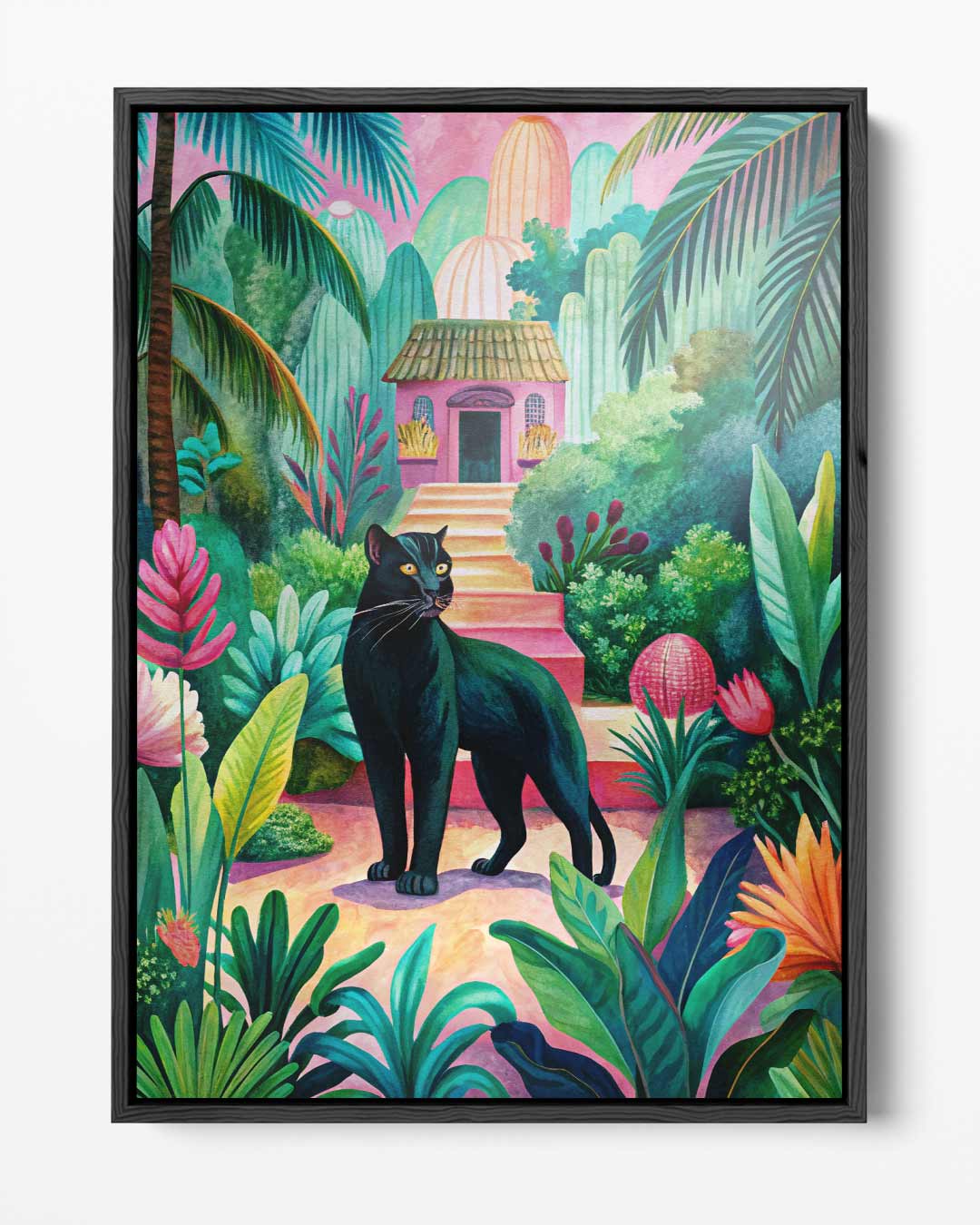 Tropische Paradijstuin met Zwarte Panter – portret kunstwerk als wanddecoratie