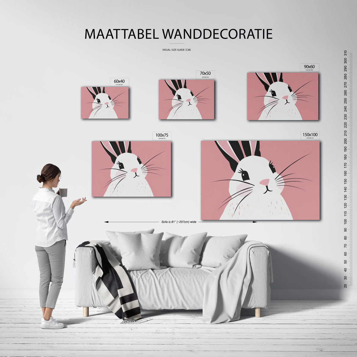Speelse konijn illustratie – Kinder kunstwerk – moderne liggende wanddecoratie