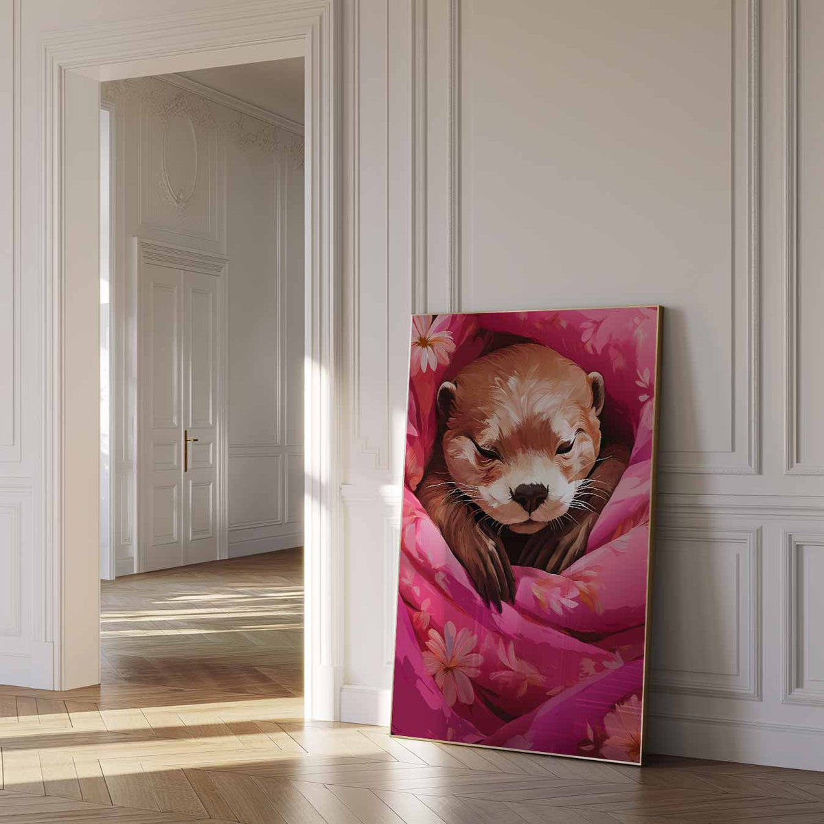 Schattige Onder-dekbed Otter – dierenposter als moderne staande wanddecoratie