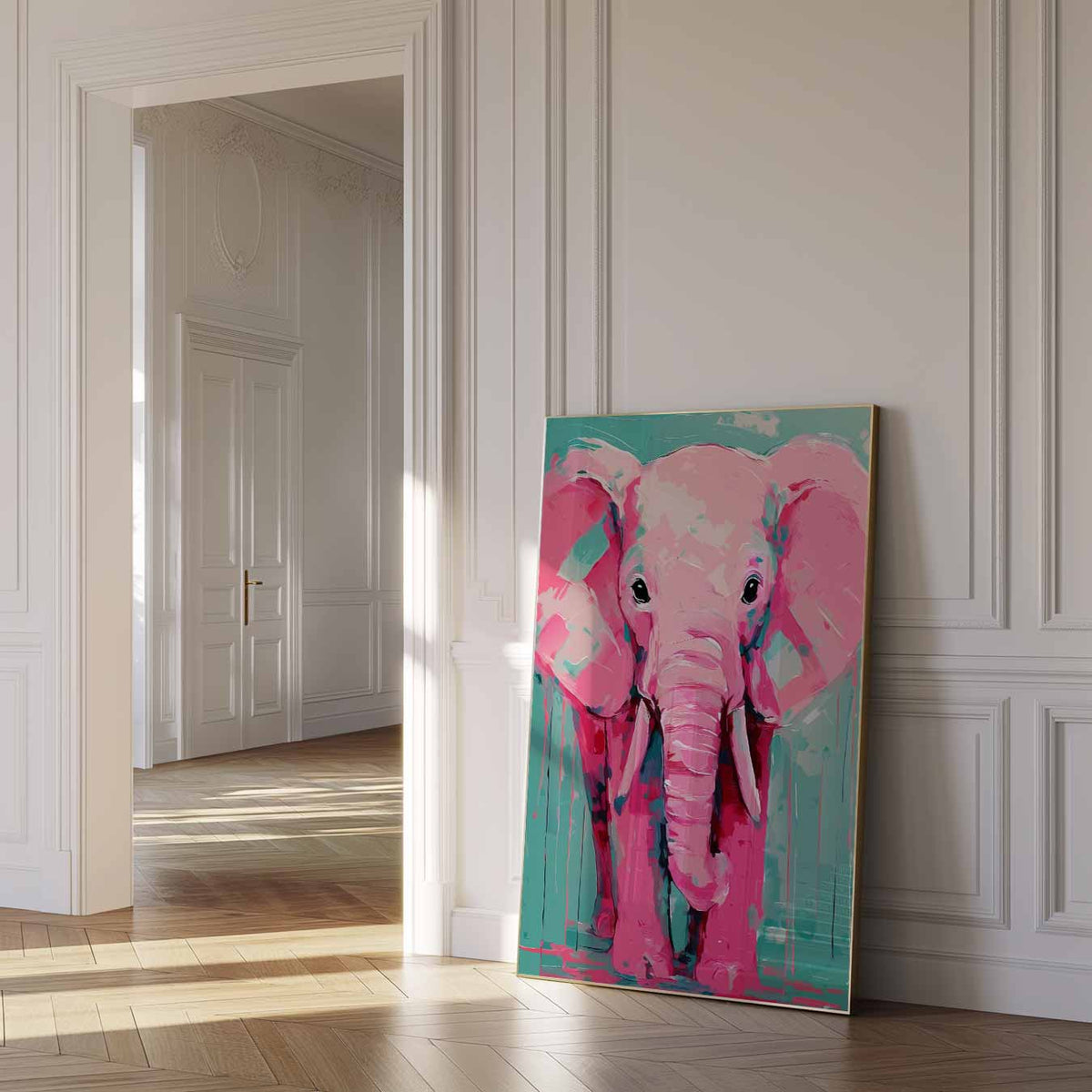 Kleurrijke Roze Olifant – dierenposter als moderne staande wanddecoratie