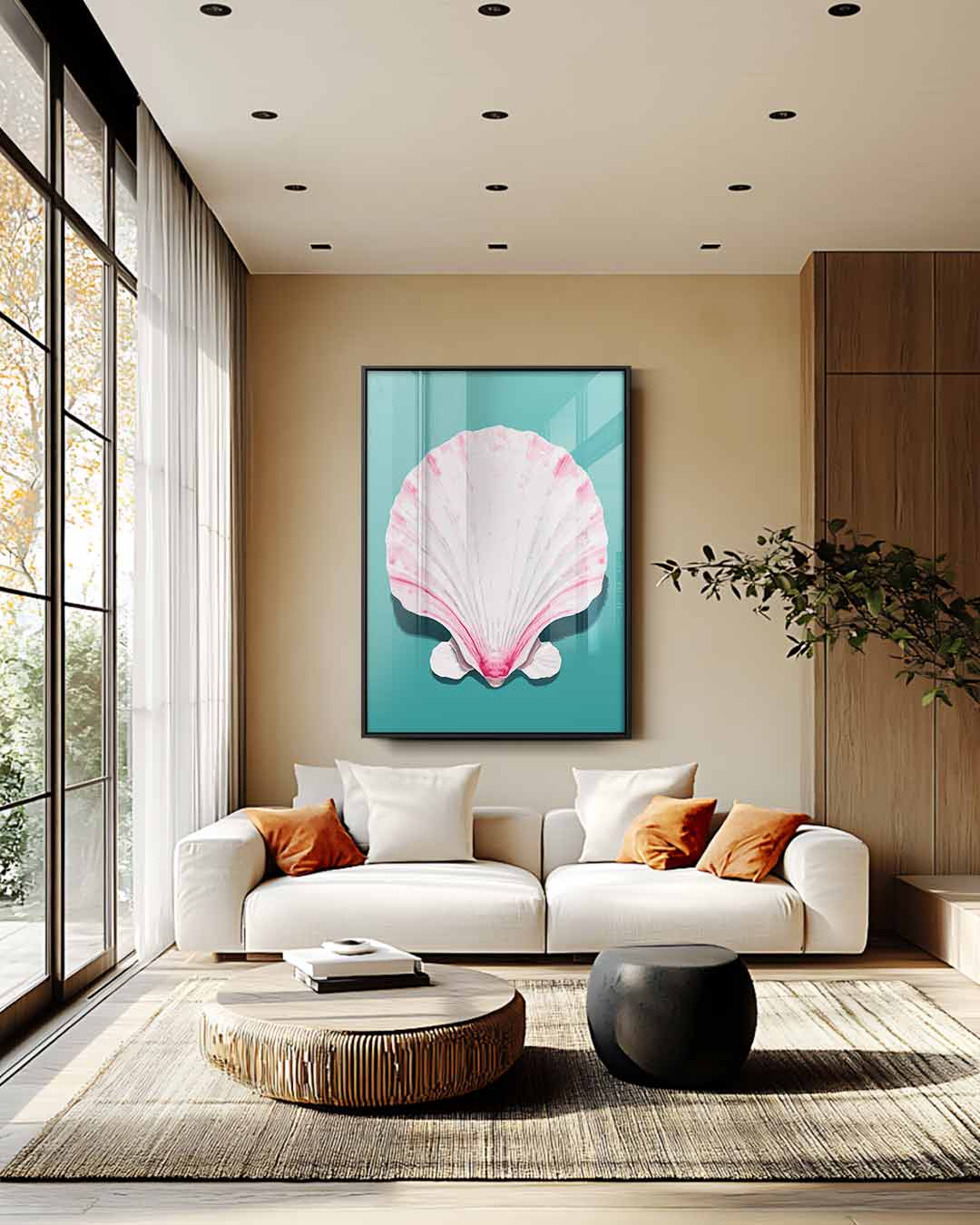Schelp met Roze Accenten – plexiglas wanddecoratie in portret formaat