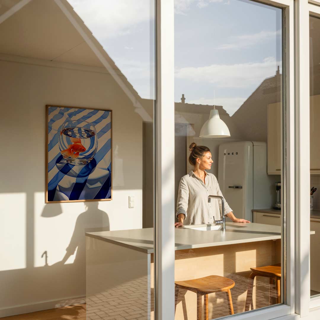 Goudvis op Stripes – dierenposter als moderne staande wanddecoratie