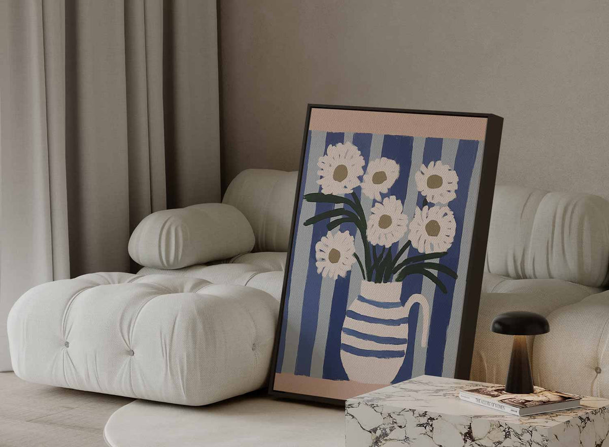 Bloemen in Blauwe Strepen – modern portret kunstwerk van WallArtistic