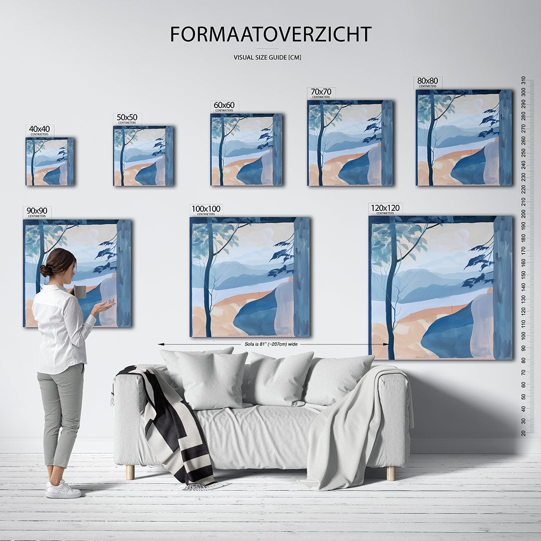 Landschap met blauwtinten kunstwerk – materiaalweergave – dit werk toont een serene compositie van vloeiende lijnen en zachte