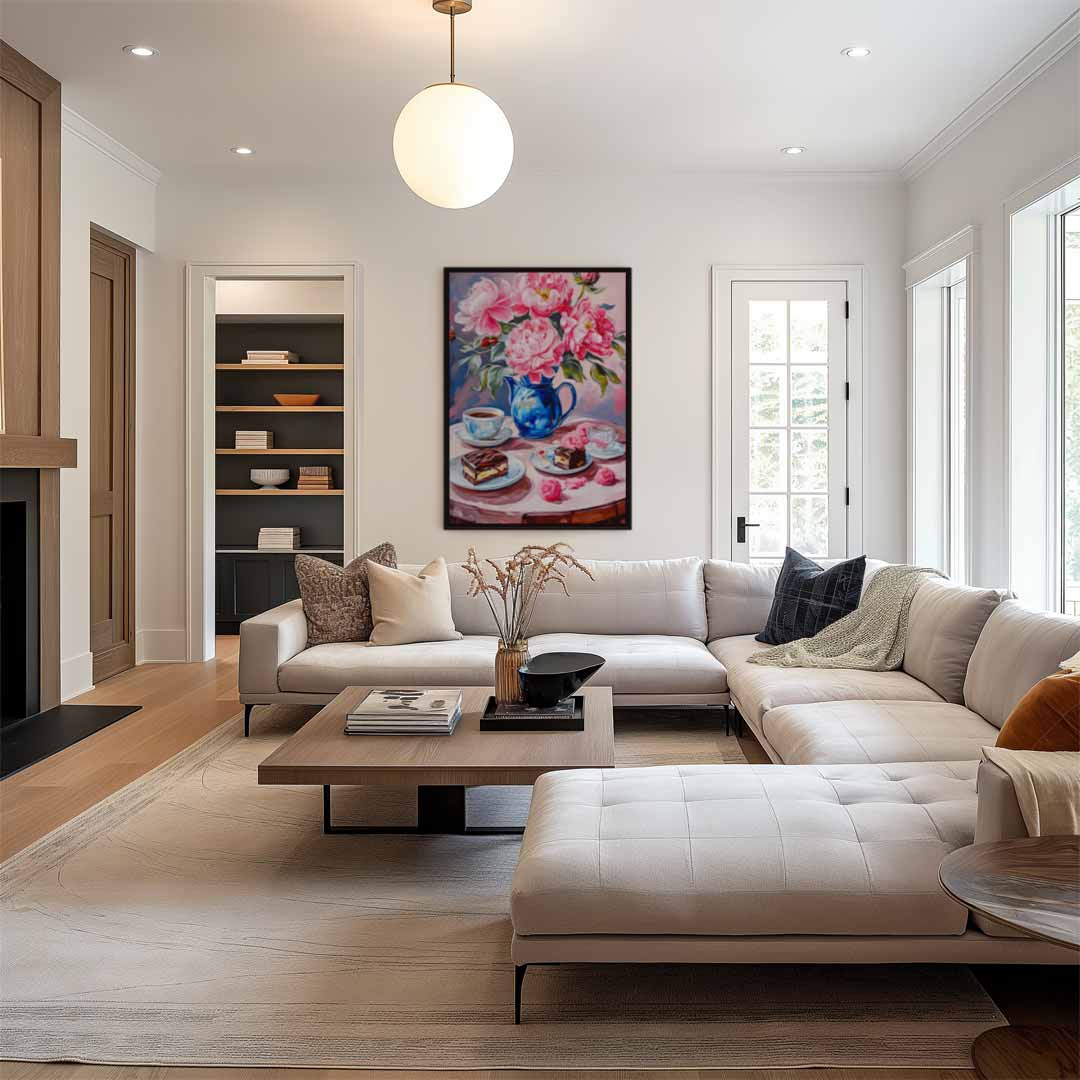 Bloemrijke koffie moment – modern portret kunstwerk van WallArtistic