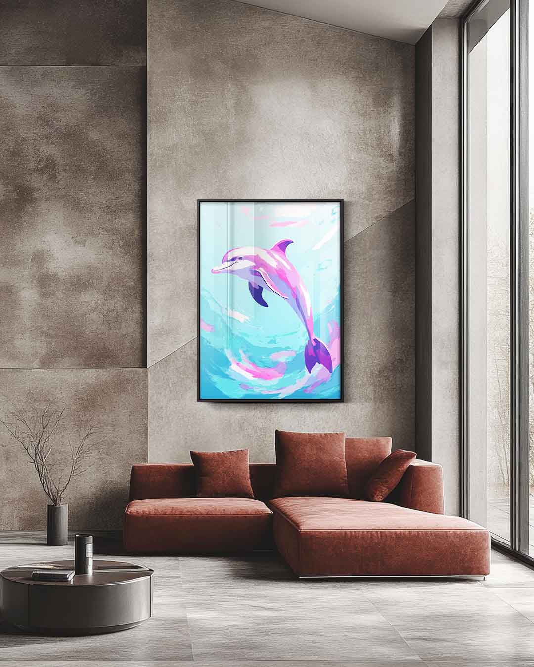 Dansende Dolfijn in Oceaan Blues – staande wandkunst voor woonkamer of interieur
