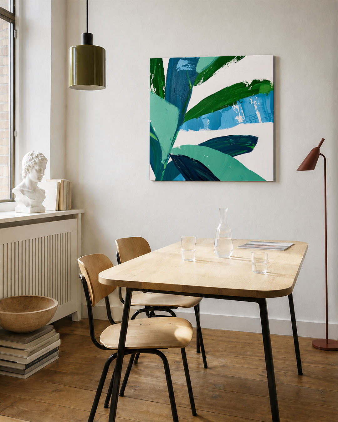 Dynamische kleurencompositie kunstwerk – vierkante wanddecoratie – dit kunstwerk toont een levendige mix van groene en blauwe