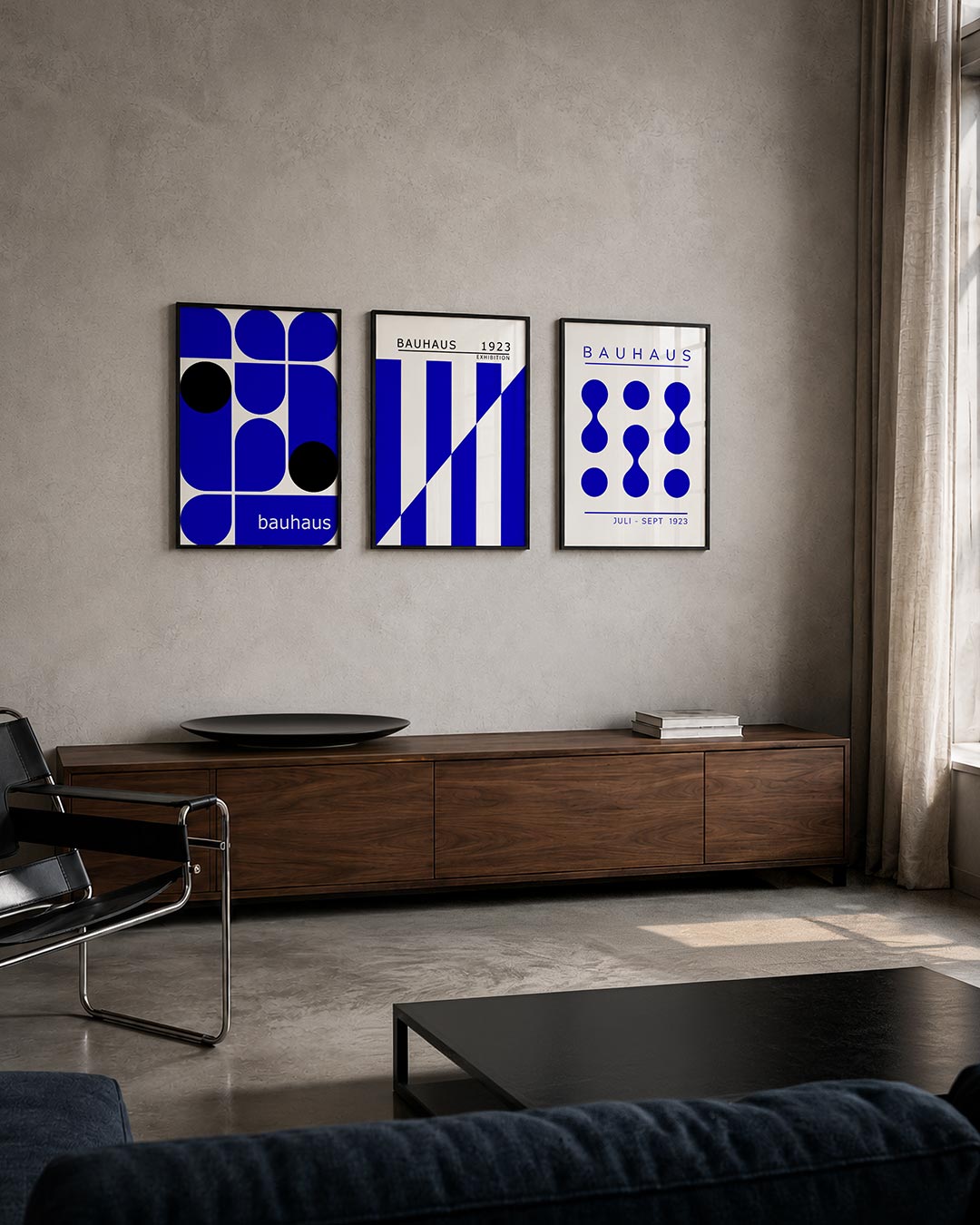 Vormen en kleurvlakken posterset – tweede productweergave – deze posterset in drie delen toont een levendig spel van blauwe