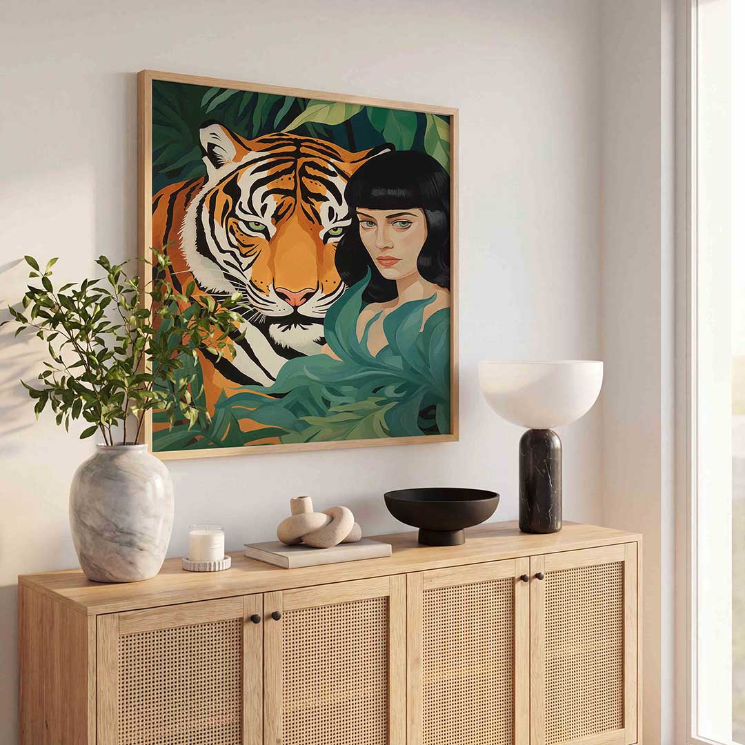 Tijger en vrouw – dierenillustratie als vierkante poster