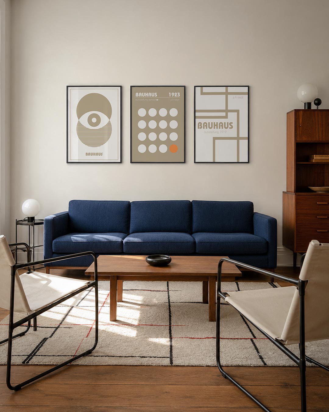Cirkelpatroon en lijnen driedelige posterset – deze poster toont een harmonieus spel van overlappende cirkels en horizontale