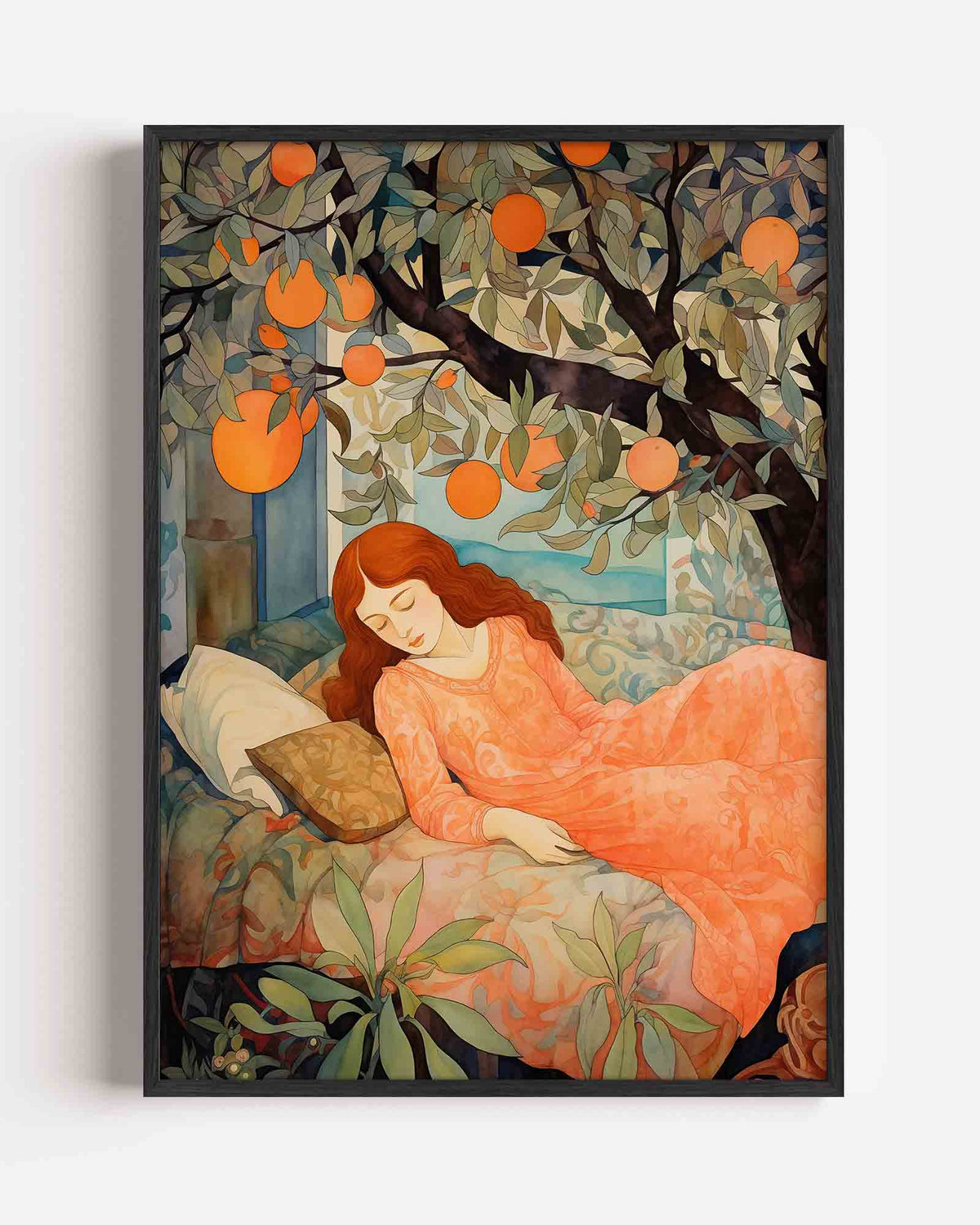 Slapende vrouw onder sinaasappelboom – botanische portret poster als wanddecoratie
