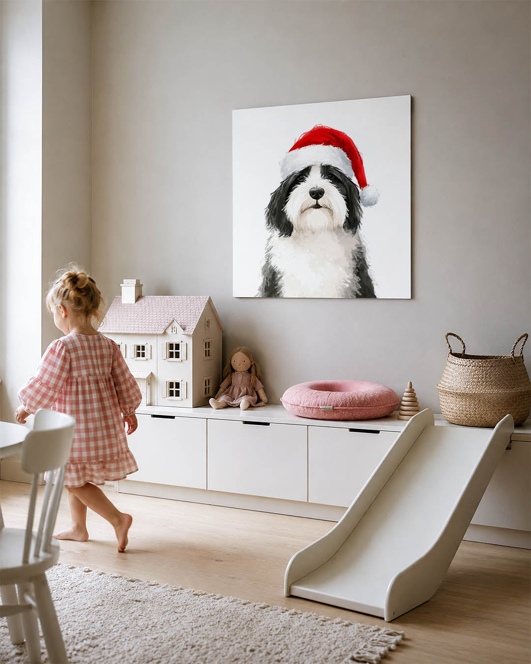 Kersthond portret kunstwerk – tweede productweergave – dit werk toont een hond met een kerstmuts. De compositie is eenvoudig