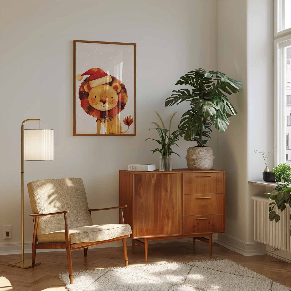 Kerstleeuw Feestposter – speelse wandkunst als portret kinderposter