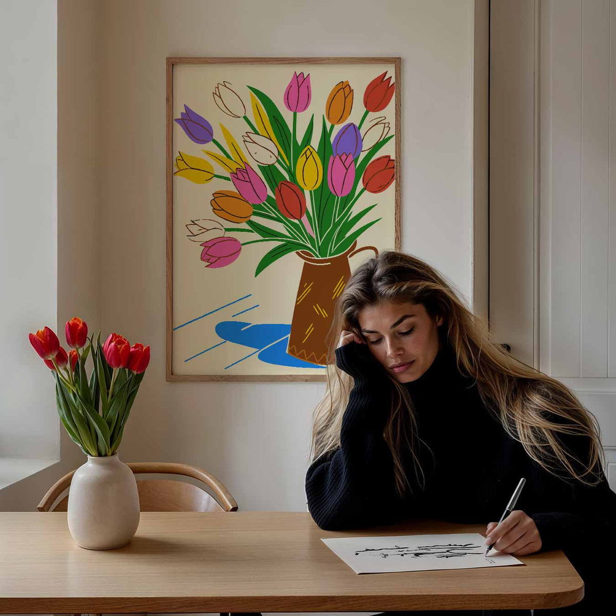 Vrolijke Tulpenposter – bloemen poster als moderne staande wanddecoratie