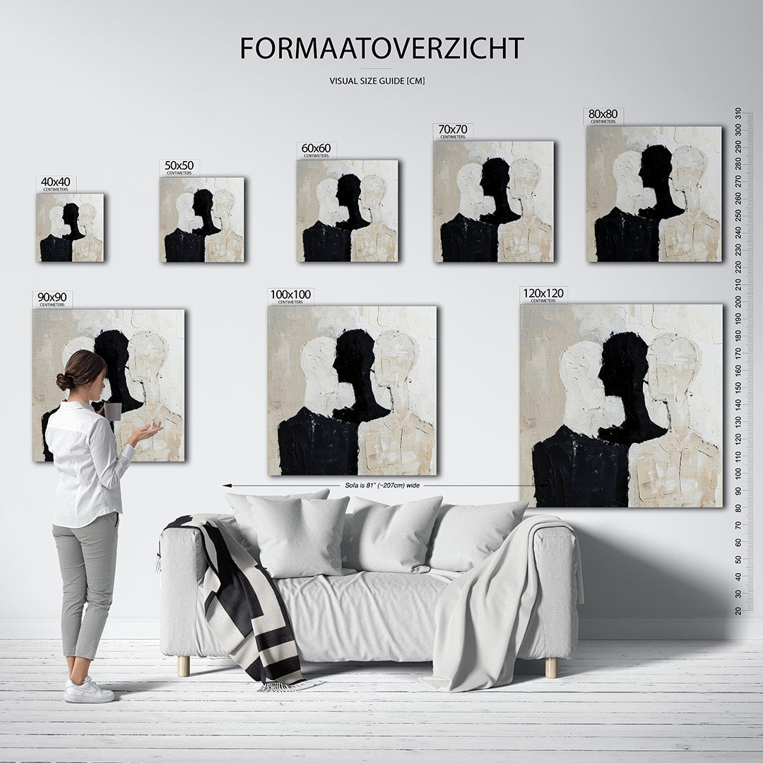 Gelaagde silhouetten kunstwerk – materiaalweergave – dit werk toont drie overlappende silhouetten in zwart, wit en beige. De