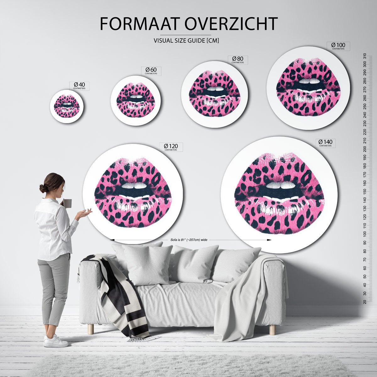 Roze lippen – kleurrijke ronde muurdecoratie in Pop Art stijl