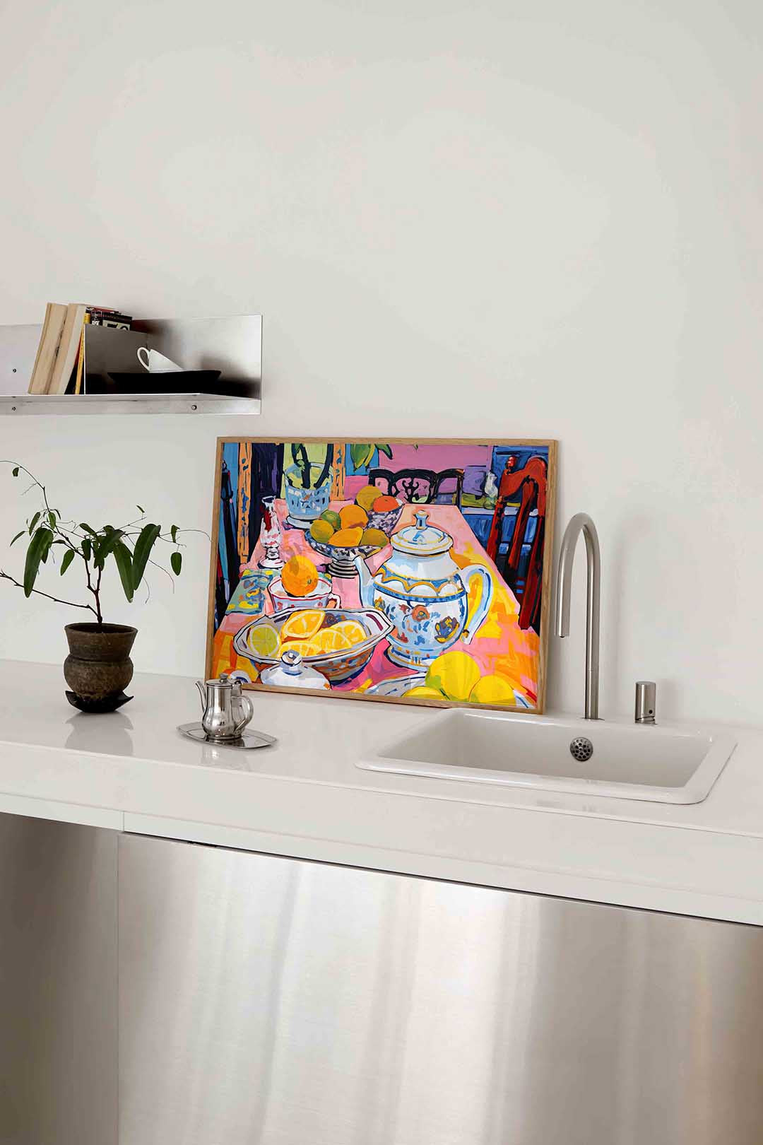 Fruit en theepot op tafel – keukenposter in liggend formaat