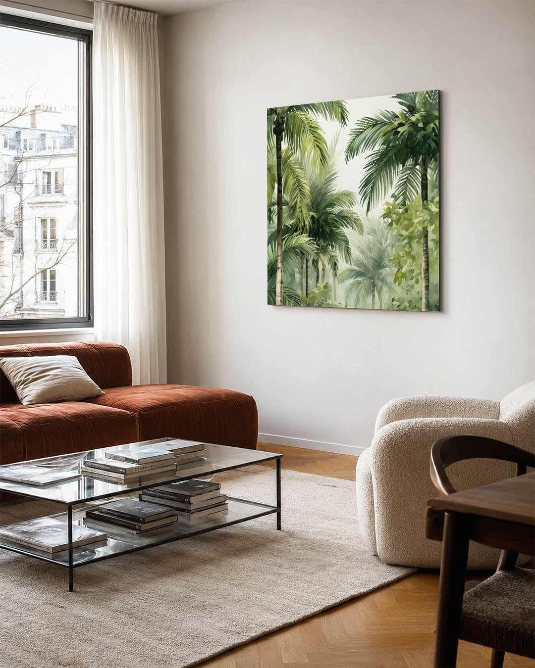 Tropische palmbladeren kunstwerk – vierkante wanddecoratie – dit werk toont weelderige palmbladeren in verschillende tinten