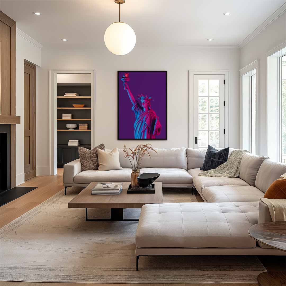 Vrijheidsbeeld in Neonkleuren – kunstwerk met zwarte baklijst