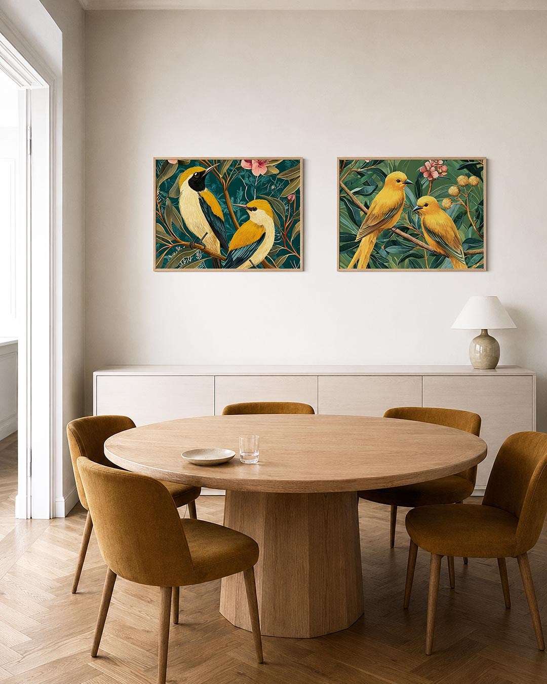 Twee liggende posters met twee vogels met gele en zwarte veren op takken, aan de muur in een interieur