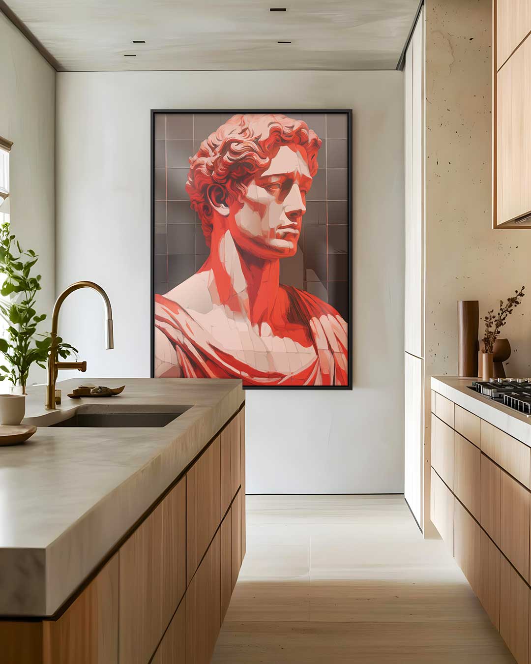 Klassieke Buste in Rood Licht – modern portret kunstwerk van WallArtistic