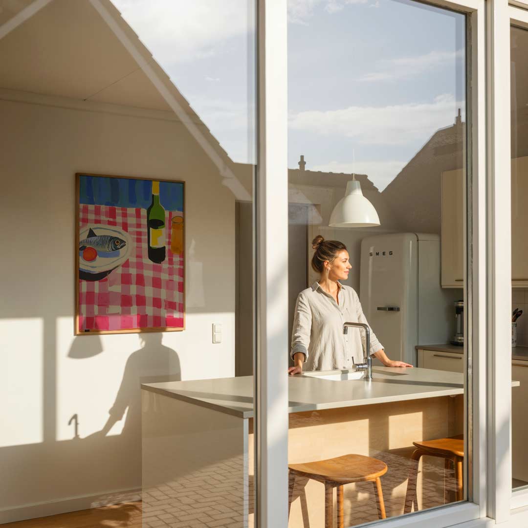 Vrolijke Keukenscène met Vis en Wijn – keukenposter in staand formaat