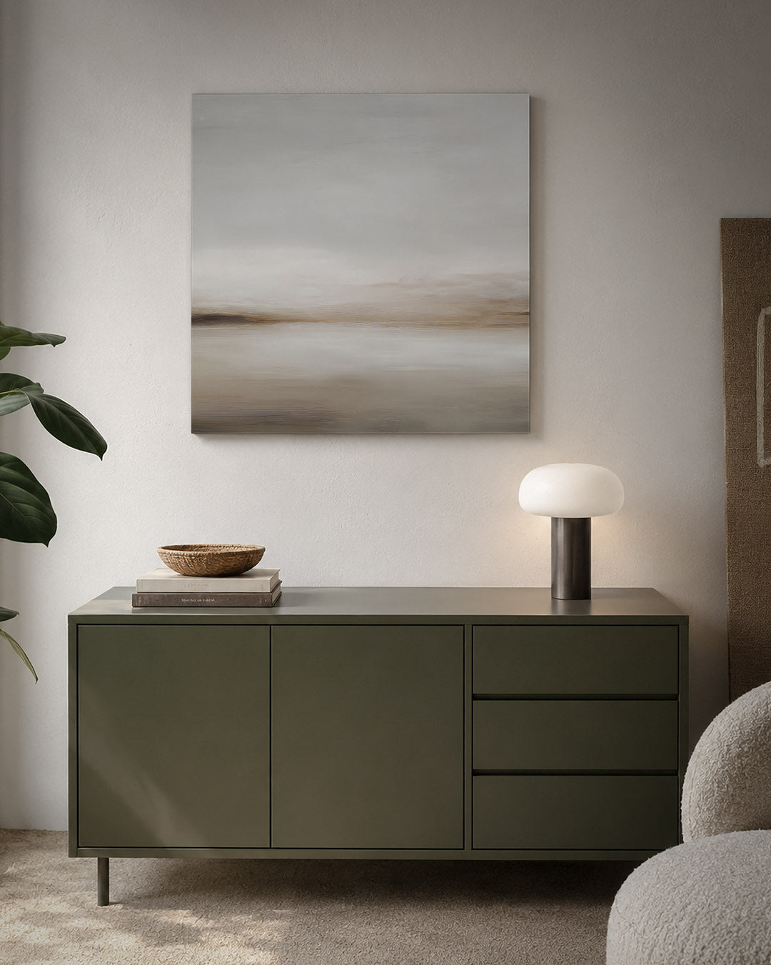 Zachte landschapstinten kunstwerk – detailweergave – dit kunstwerk toont een compositie van vloeiende lijnen en zachte