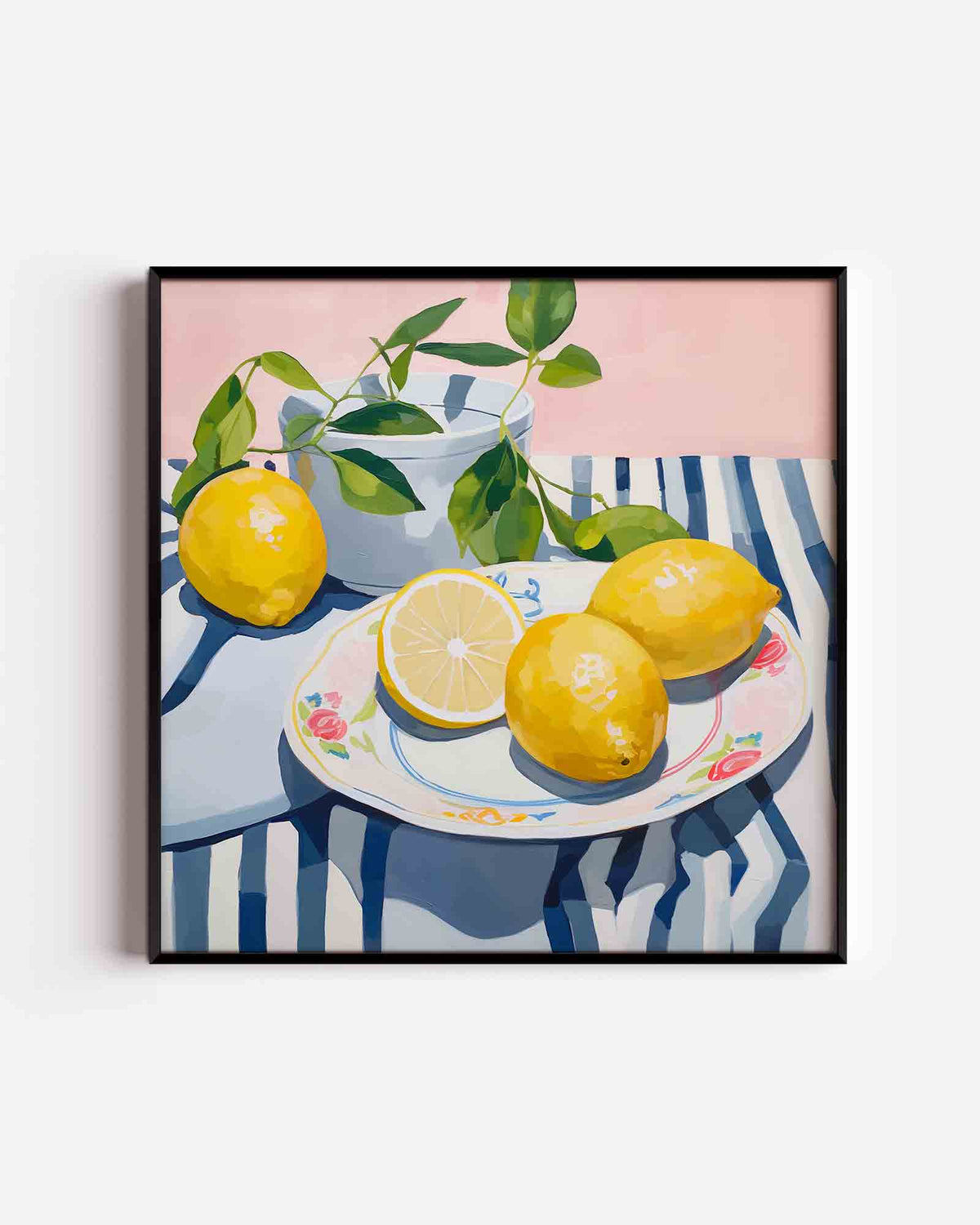 Citroenen op gestreept tafelkleed – keuken vierkante poster als wanddecoratie