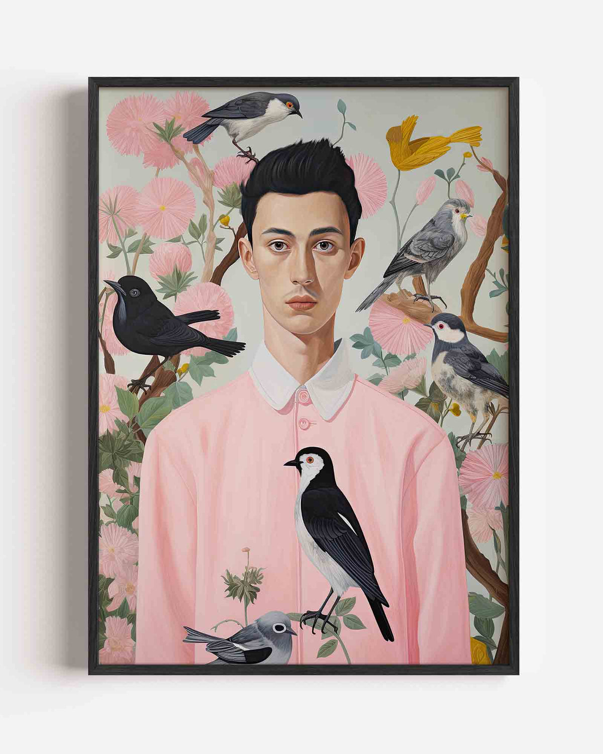 Vogels en man in roze – kleurrijke illustratie portret poster als wanddecoratie