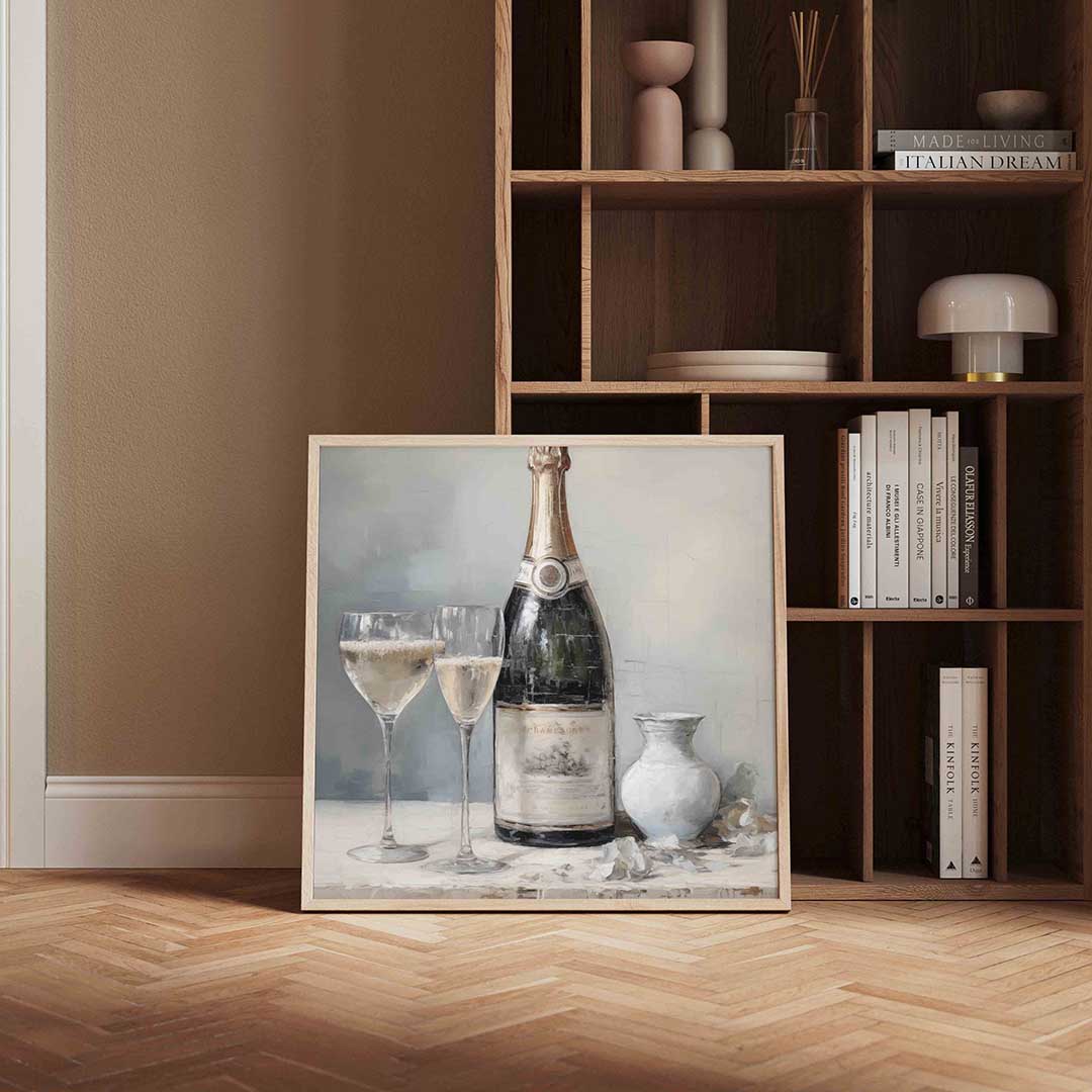 Champagnefles en glazen – kerstposter in vierkant formaat