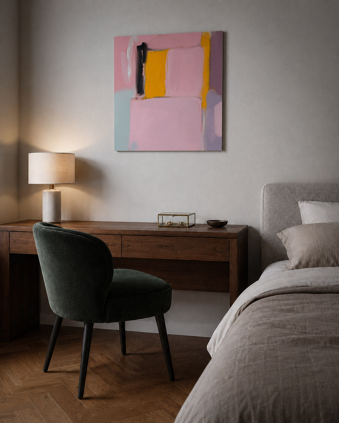 Kleurrijke vlakken kunstwerk – sfeerbeeld – dit werk toont grote rechthoekige vlakken in zachte tinten. De compositie is