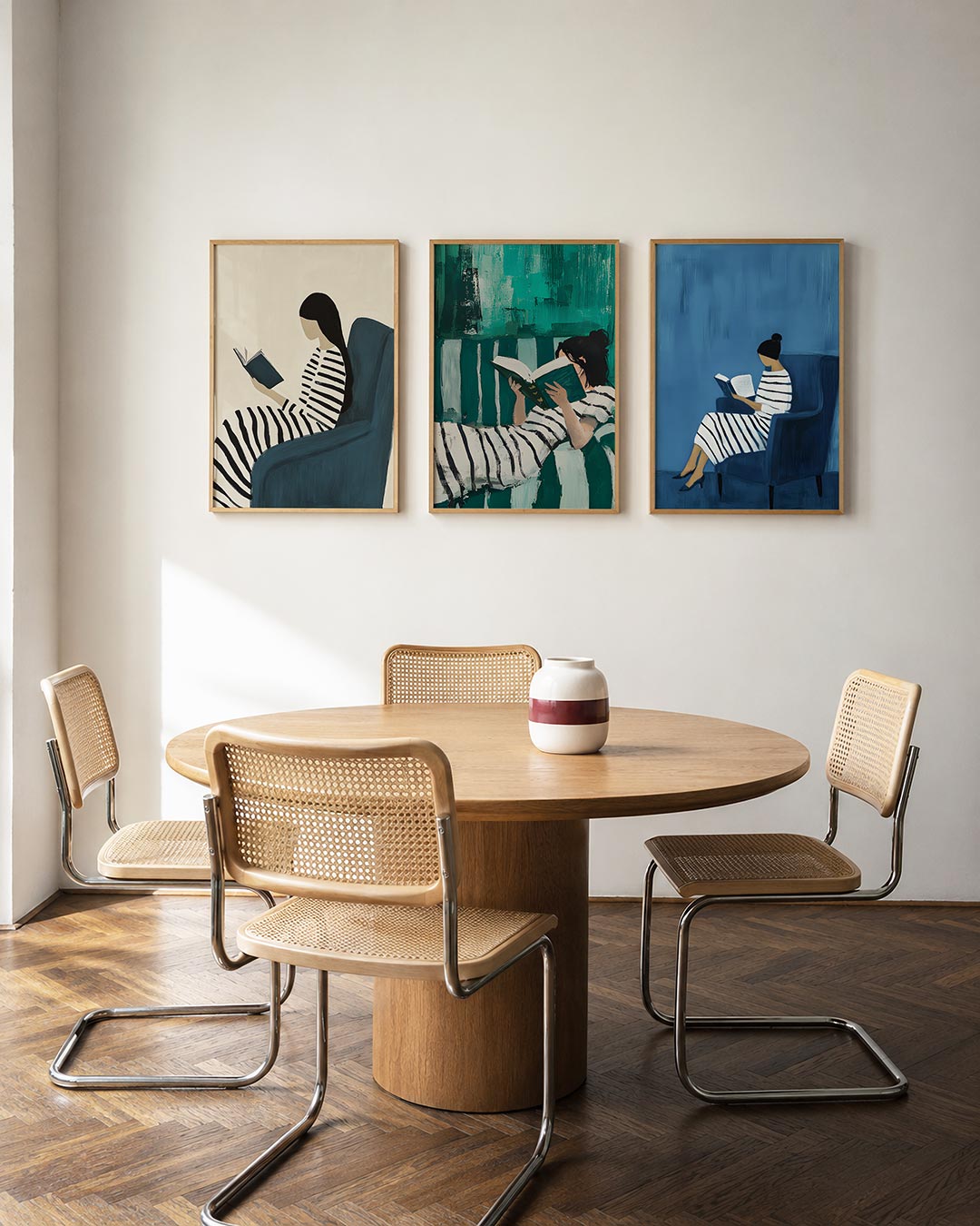Gestreepte rust posterset – derde productweergave – een vrouw leest in een comfortabele stoel