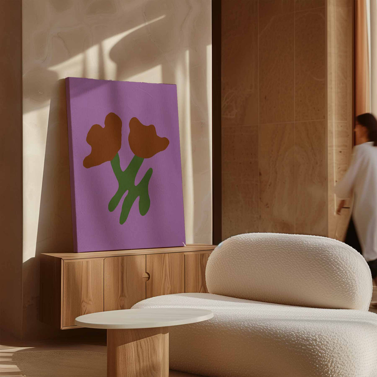 Simpele Bloemenschikking op Paarse Achtergrond – plexiglas wanddecoratie in portret formaat
