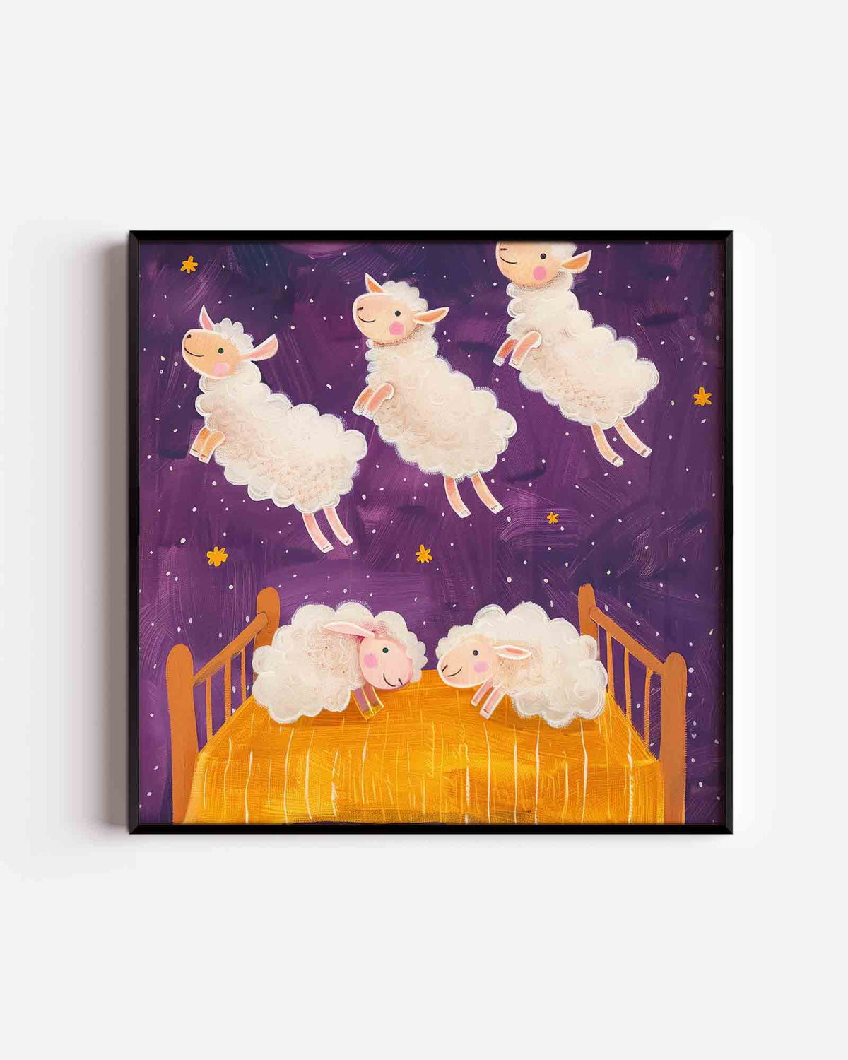 Schapen en bed – vierkante kinderposter als wanddecoratie