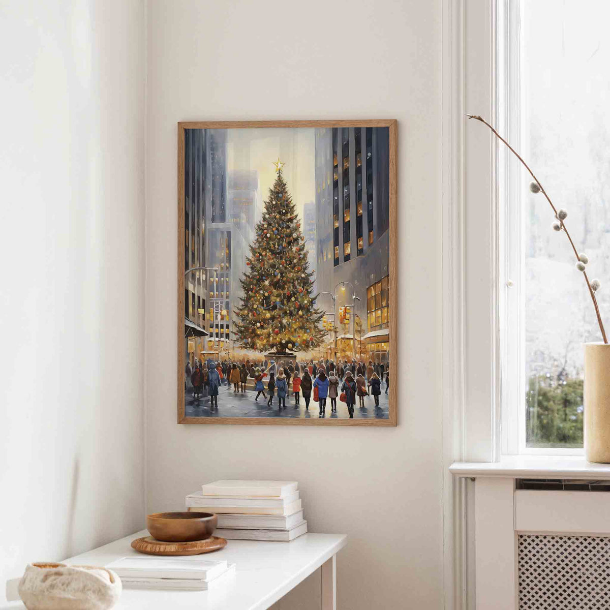 Kerstboom in stadsplein – staande kerst wanddecoratie van WallArtistic