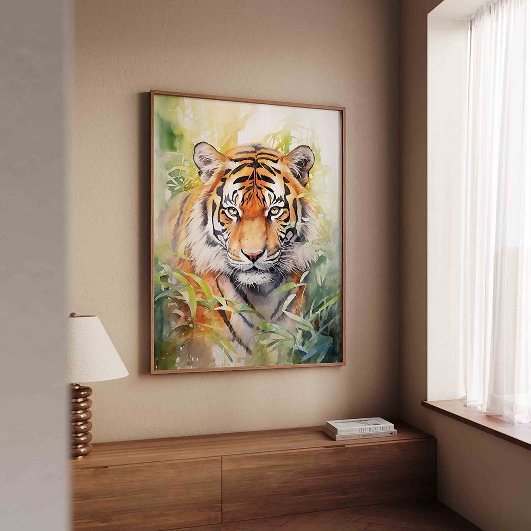 Tijger in jungle – tropische wandkunst als portret poster